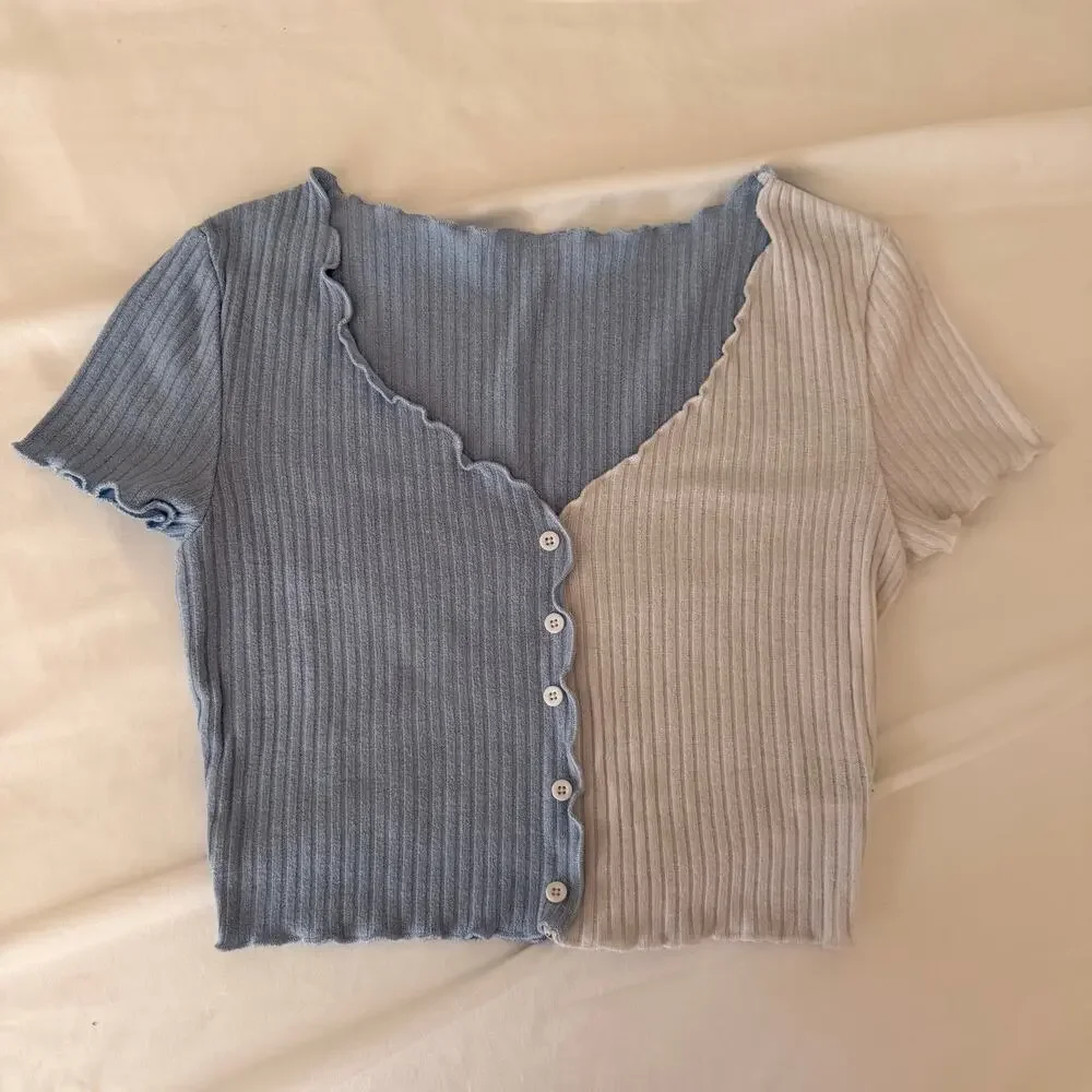 Shein Color Block Ribbed Baby Tee Small Asymmetrical Button Y2K Top - Picture 1 of 9